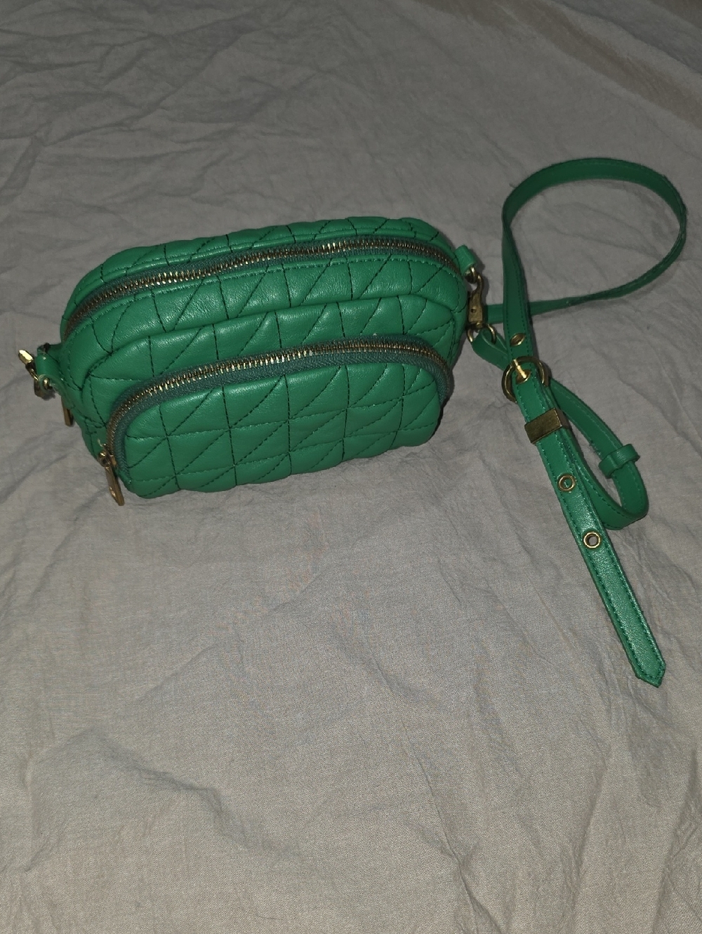 Zara Quilted Green Double-Zip Crossbody Bag